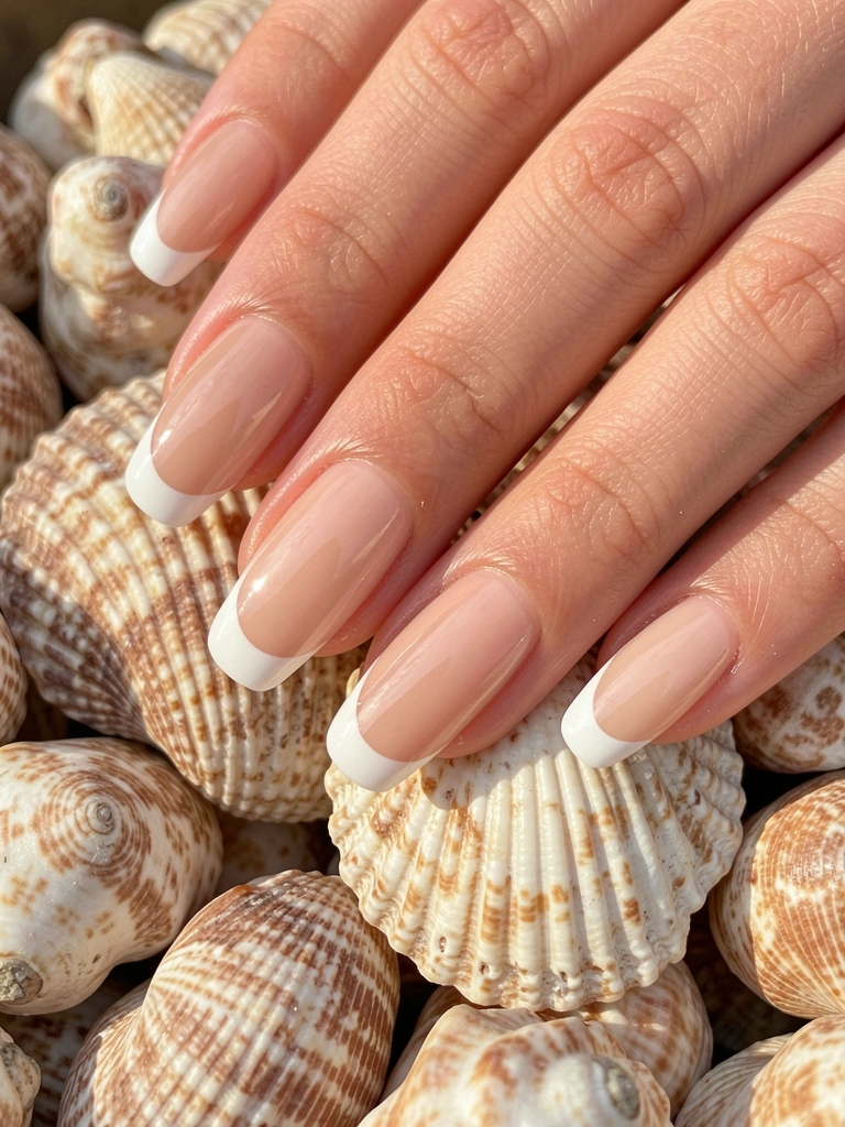 Mãos com unhas francesas nuas e pontas brancas repousam sobre conchas texturizadas em tons de bege e marrom, luz natural destaca o brilho do esmalte.