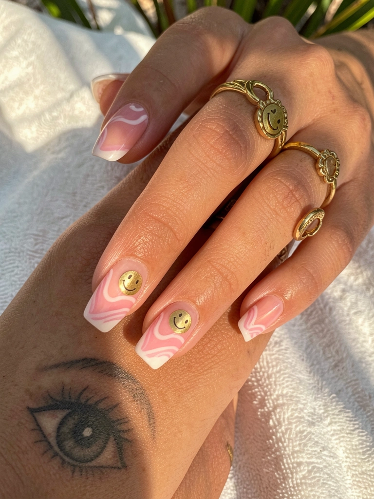 Mãos com unhas decoradas em francês rosa e branco, anéis de ouro e tatuagem de olho, fundo de tecido branco iluminado por luz natural.