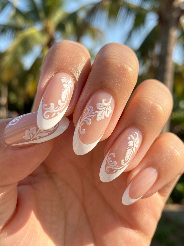 Close-up de cinco unhas com esmalte nude, ponta francesa branca e detalhes florais em swirl, luz natural e fundo desfocado.