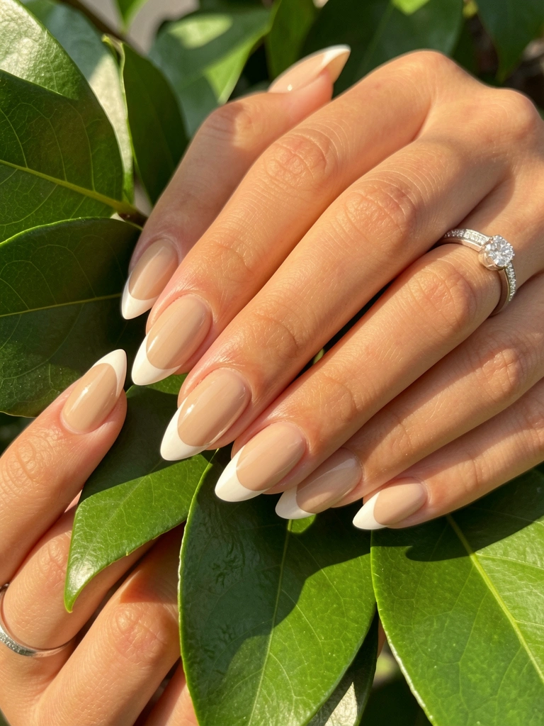 Mãos com unhas amendoadas em bege e pontas brancas, selante aplicado, anel de diamante e fundo de folhas verdes desfocado com luz solar difusa.