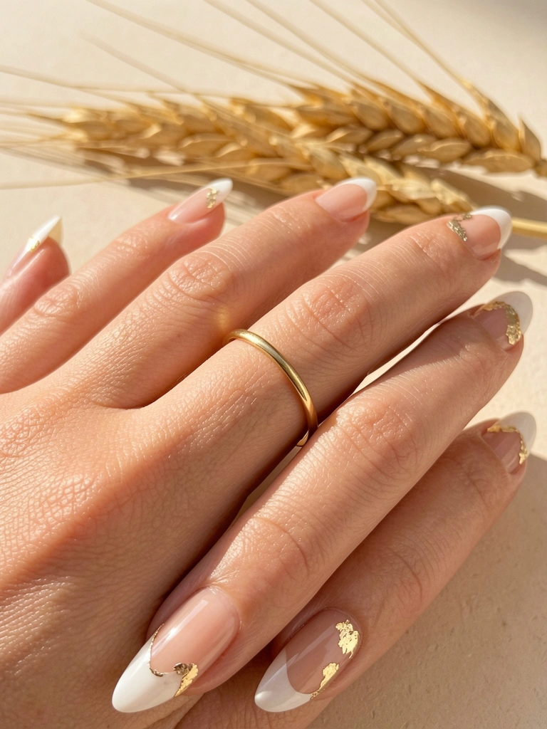 Aliança de ouro fina em mão com unhas francesinhas nude e detalhe de folha dourada, fundo com talos de trigo sob luz suave.