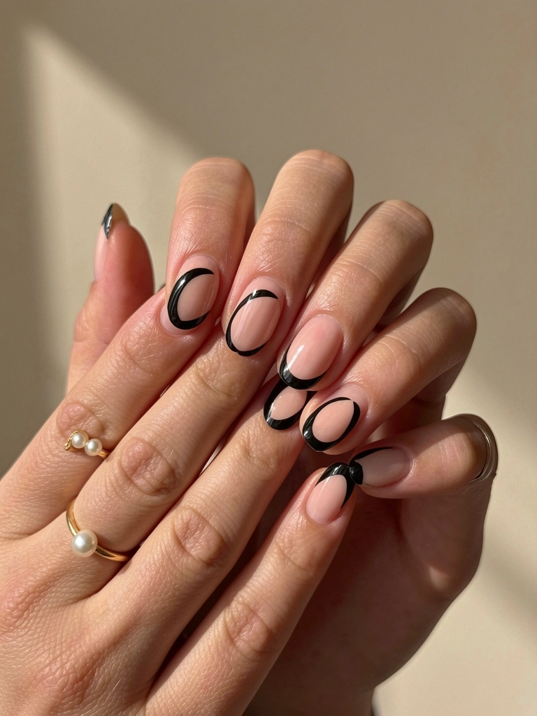 Close das mãos de uma mulher com unhas nuas e desenho oval preto, anel de ouro com pérola, luz natural suave, fundo bege desfocado.