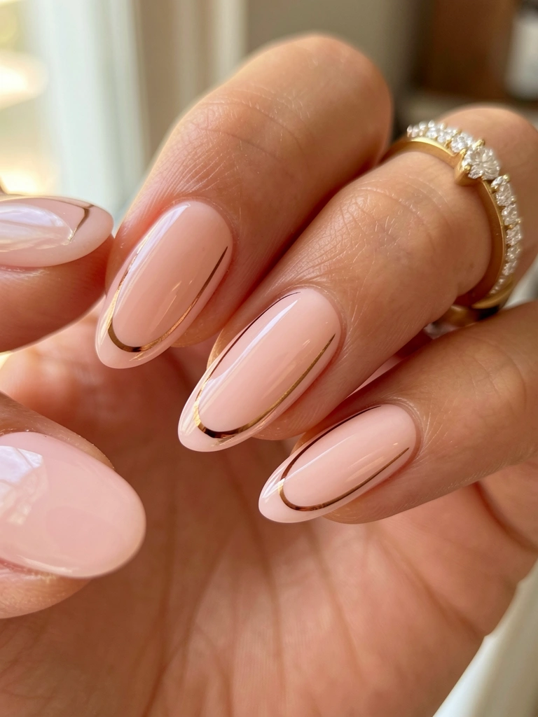 Unhas nuas com tom rosado, formato oval alongado e linha marrom fina, anel de ouro e diamante, luz natural suave e fundo desfocado.