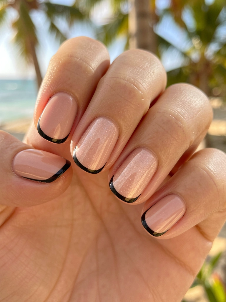 Unhas curtas e arredondadas com esmalte nude de acabamento brilhante e contorno preto, luz natural quente e fundo suave.