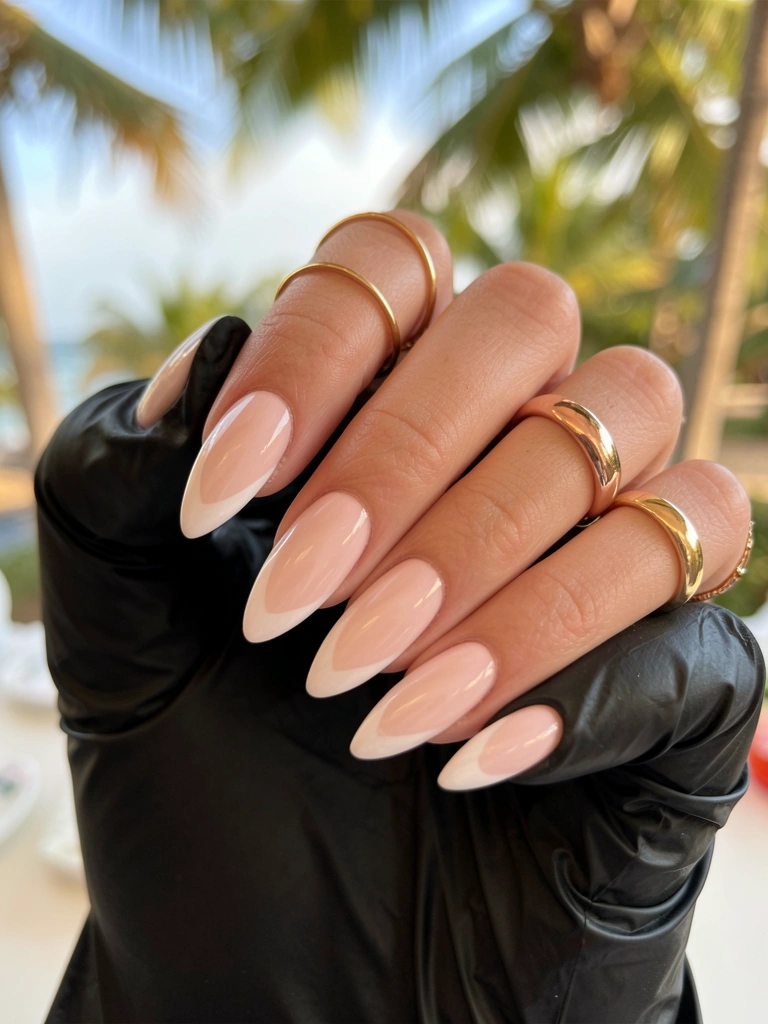 Mão feminina com unhas amendoadas em esmalte rosa claro e pontas brancas, anéis de ouro rosa e dourados, luvas de vinil pretas ao fundo, luz natural quente.