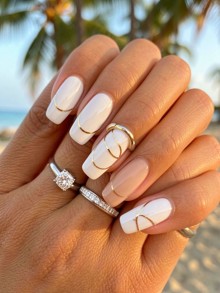 Mão com unhas brancas e nude, detalhes dourados, anel de diamante e aliança prateada, luz natural suave.