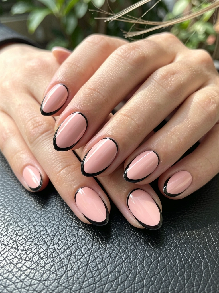 Mãos com unhas ovais nude e contorno preto sobre couro texturizado escuro, luz natural suave e fundo desfocado com folhagem.