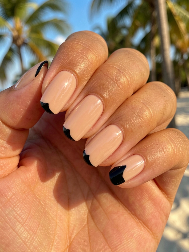 Close-up de mão feminina com esmalte nude e unhas pretas nos polegares, acabamento brilhante, luz natural e fundo desfocado.