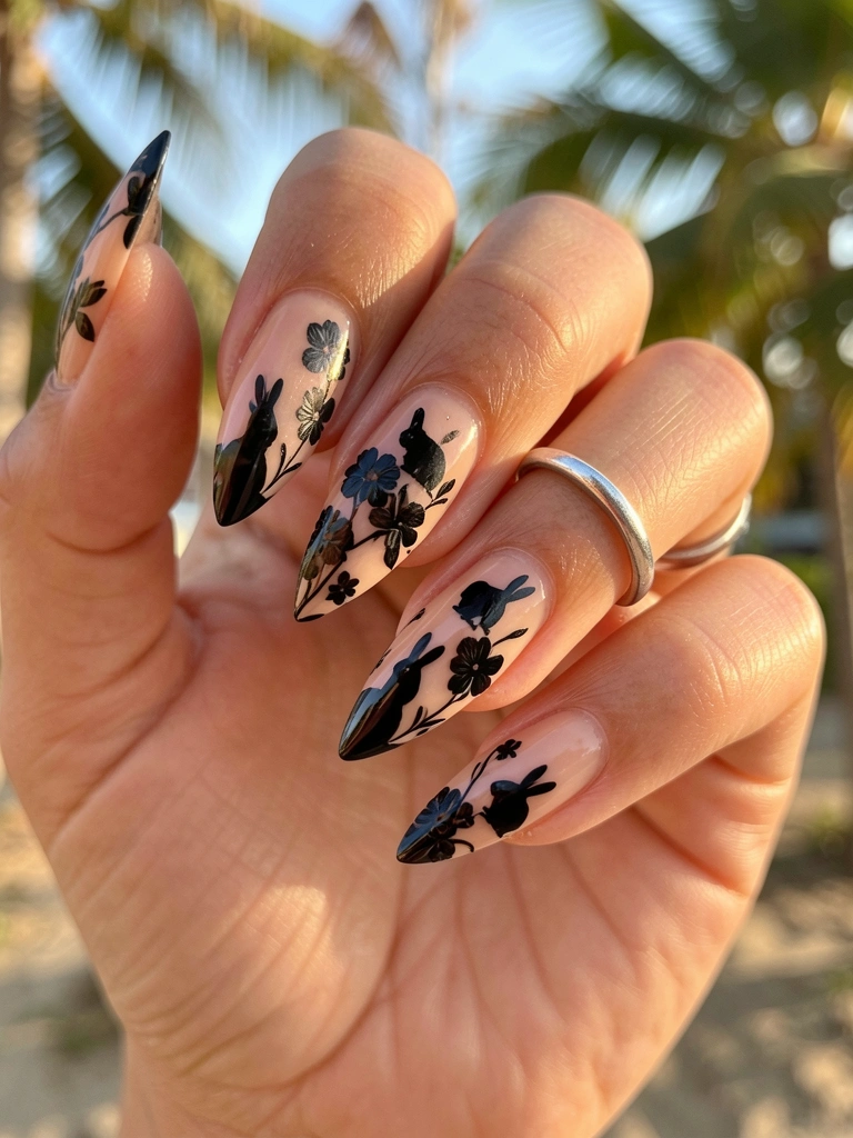 Mão com unhas amendoadas nude e desenho de veludo preto de flores e coelhos, anel prateado fino, luz natural suave.