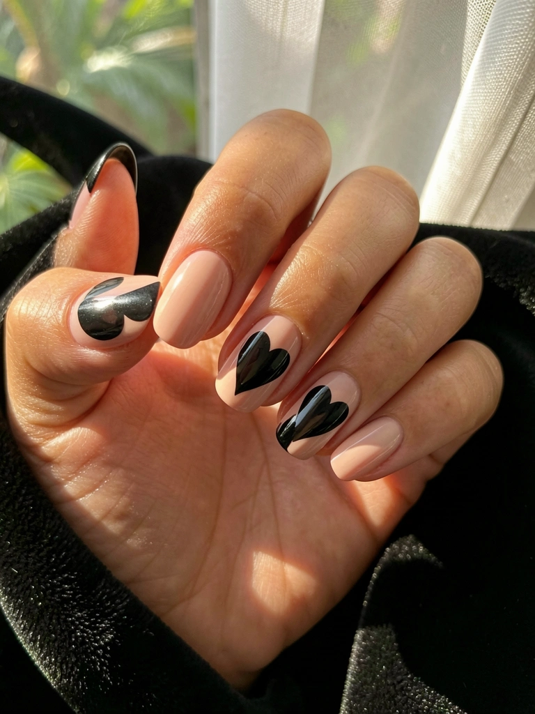 Close-up de mão com unhas nude e esmalte preto, detalhes de coração preto, fundo de veludo preto e luz natural.