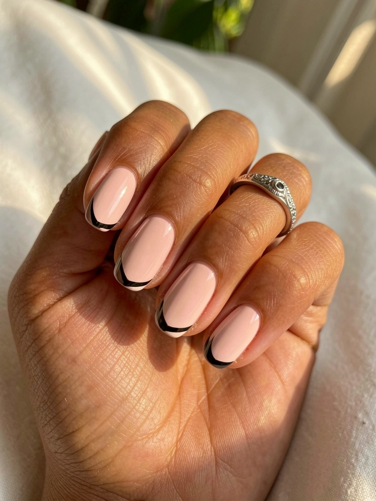 Mão com unhas rosas claras e linha preta na base, anel de prata detalhado no dedo anelar, luz natural em fundo desfocado.