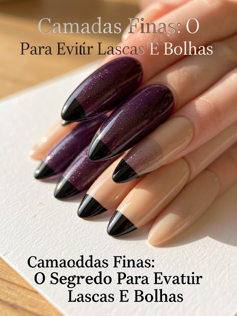 Unhas acrílicas roxas escuras e nude com pontas pretas empilhadas sobre fundo branco, luz natural suave e foco nos detalhes.