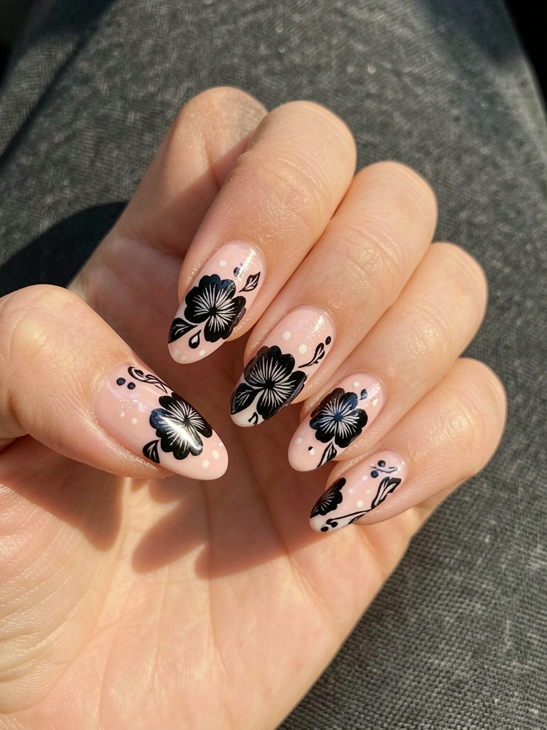 Mão feminina com unhas amendoadas exibindo esmalte rosa claro, detalhes florais pretos e pontos brancos, sobre tecido cinza escuro texturizado, iluminado por luz natural.