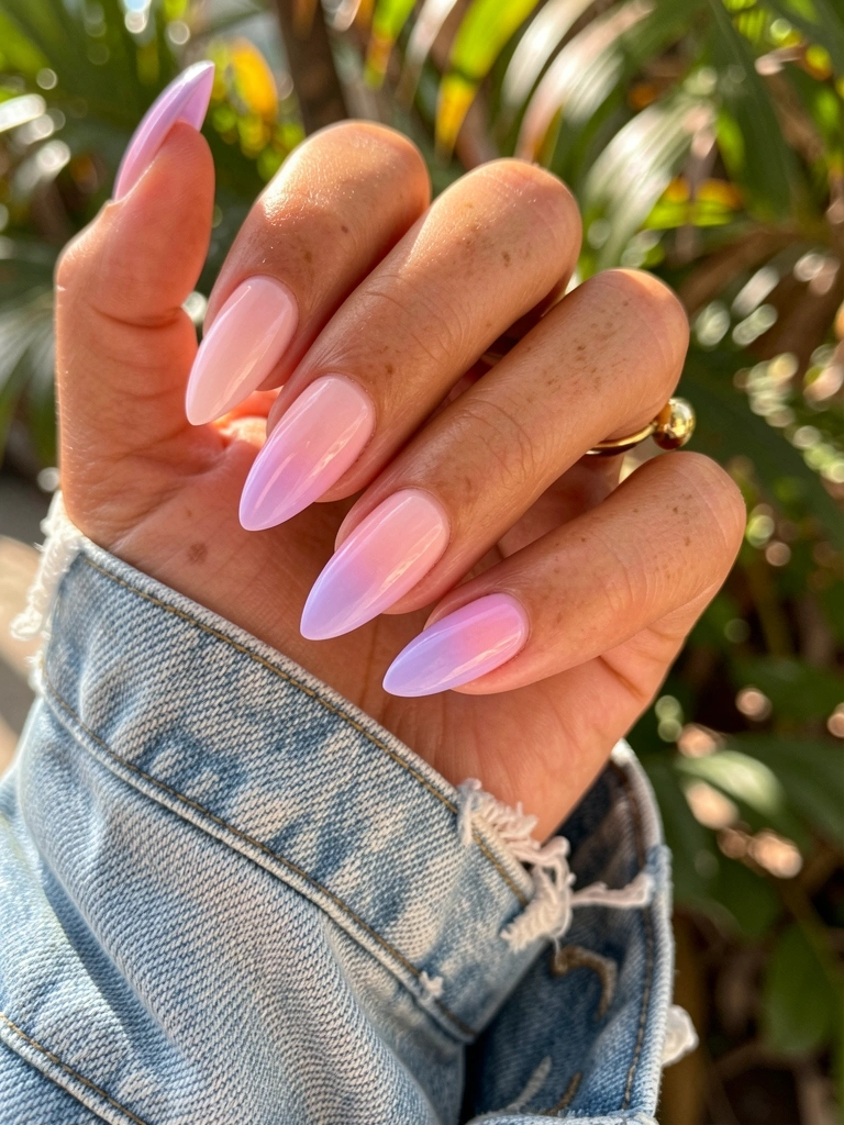 Mão feminina com unhas longas em degradê pink e lavanda, anel de bolinha dourada, jaqueta jeans desbotada e folhagem desfocada ao fundo com luz natural.