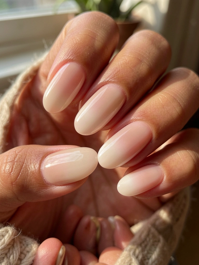 Close das mãos femininas com unhas curtas em gel nude com efeito degradê sutil e brilho acetinado, luz natural quente e fundo desfocado.