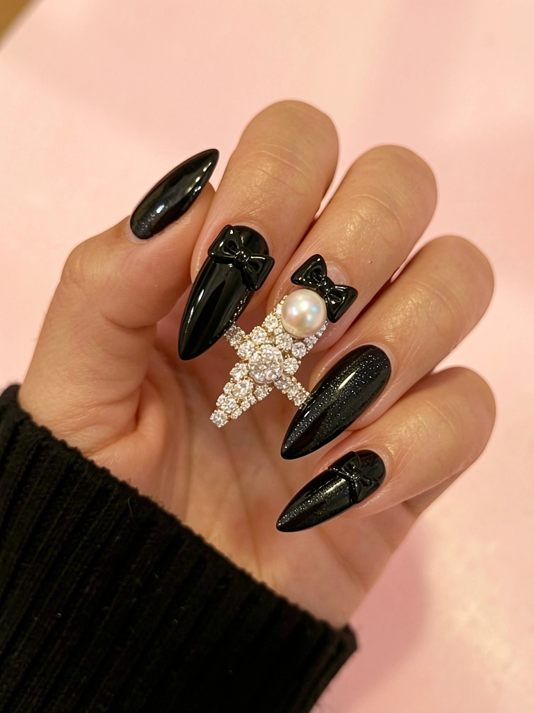 Close-up de mão com unha preta alongada e laço, segurando anel de diamantes, fundo rosa suave e luz difusa.