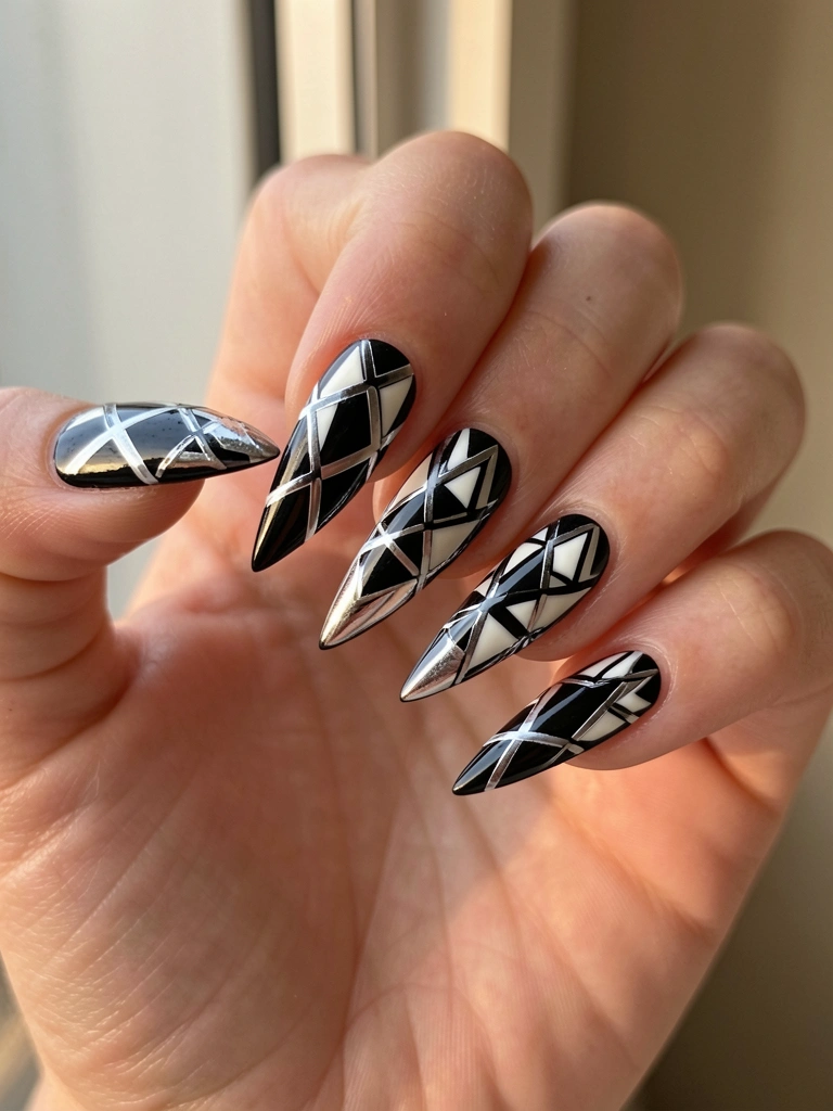 Mão com unhas pretas em formato stiletto e desenhos geométricos brancos e prateados, luz natural suave destacando o brilho do esmalte.