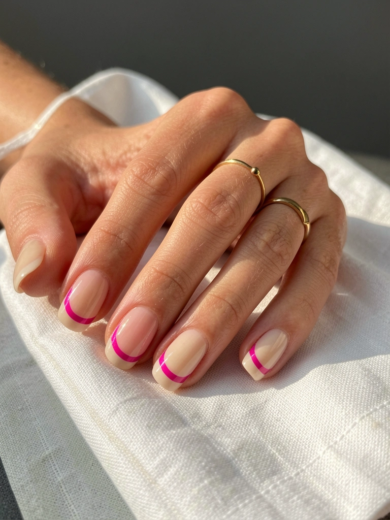 Mão feminina com unhas francesinhas duplas em rosa pink e contorno magenta, anel de ouro fino sobre guardanapo de linho branco amassado, iluminação natural suave.