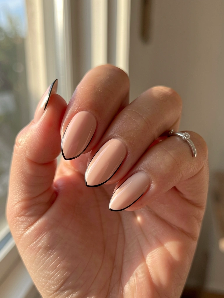 Mão feminina com unhas ovais nude e contorno preto, anel prateado fino, luz natural suave de janela.