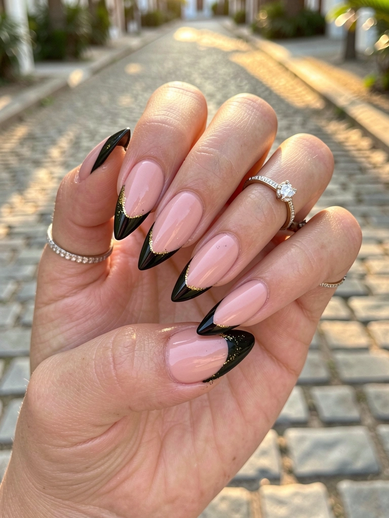Mãos com unhas amendoadas pretas e pontas douradas, anel vintage de diamante em um dedo, fundo de rua de pedra desfocada com luz solar quente.