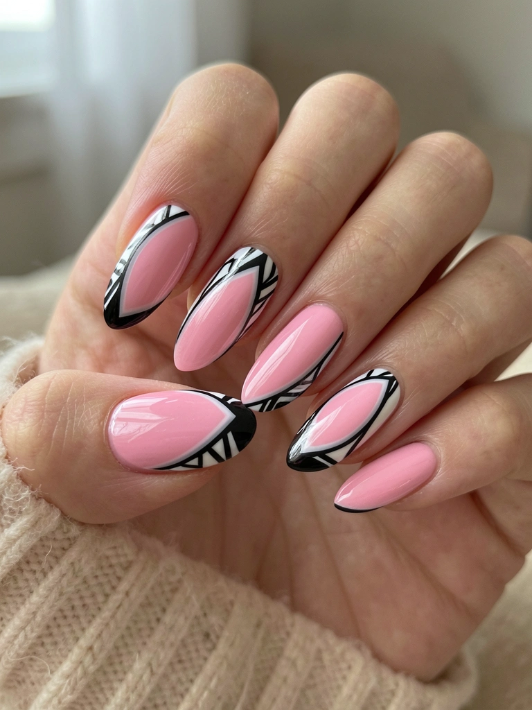 Close das mãos femininas com unhas pink glossy e desenho geométrico preto e branco, luz natural difusa e fundo neutro desfocado.