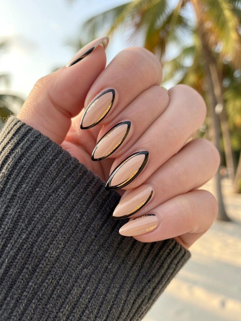 Mão com unhas nude, desenho oval preto e glitter dourado, manga de tricô cinza escuro, luz natural suave.