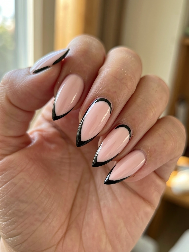 Mão feminina segurando unha rosa-clara com esmalte preto alongado e pontudo, delineado em preto, fundo desfocado com luz natural.