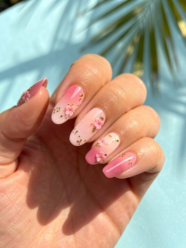 Mão com unhas decoradas em rosa com gradiente, flores delicadas e lascas de ouro, fundo azul claro e luz natural.