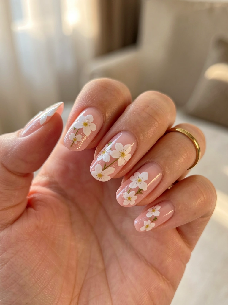 Mão com unhas francesinhas decoradas com delicadas flores de cerejeira brancas, anel dourado fino, luz natural suave e fundo levemente desfocado.