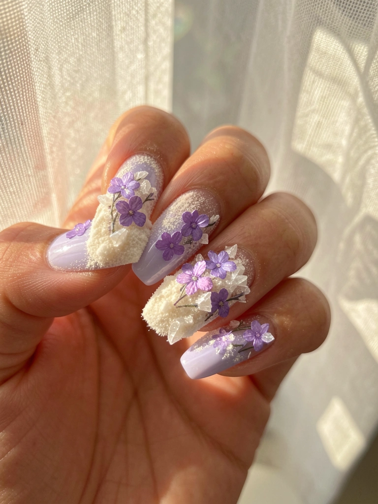 Mão com unha alongada e esmalte lavanda claro, decorada com flores roxas iridescentes e cristais brancos, luz natural suave ao fundo.