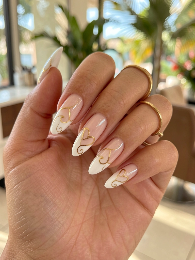 Mão feminina com unhas brancas e douradas, desenho de coração em ouro, anel fino no dedo anelar, luz natural suave, fundo desfocado de salão tropical.