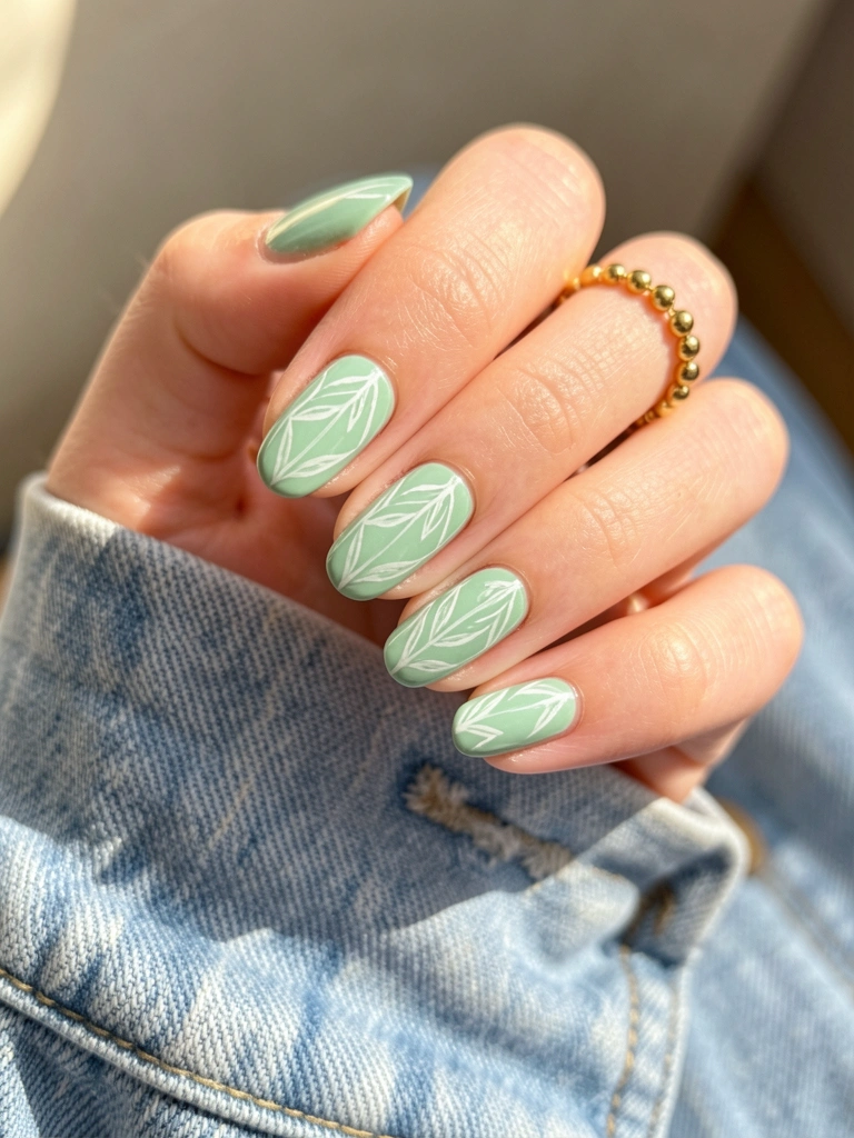 Mão com unhas verde-menta e folhas brancas, anel de contas douradas, manga de jaqueta jeans azul claro ao fundo desfocado.