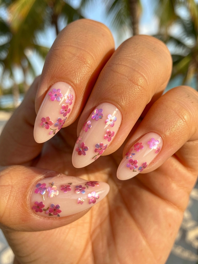 Mãos femininas com unhas compridas em gel rosa claro decoradas com miniaturas iridescentes de flores rosas e roxas, luz natural suave e fundo tropical desfocado.
