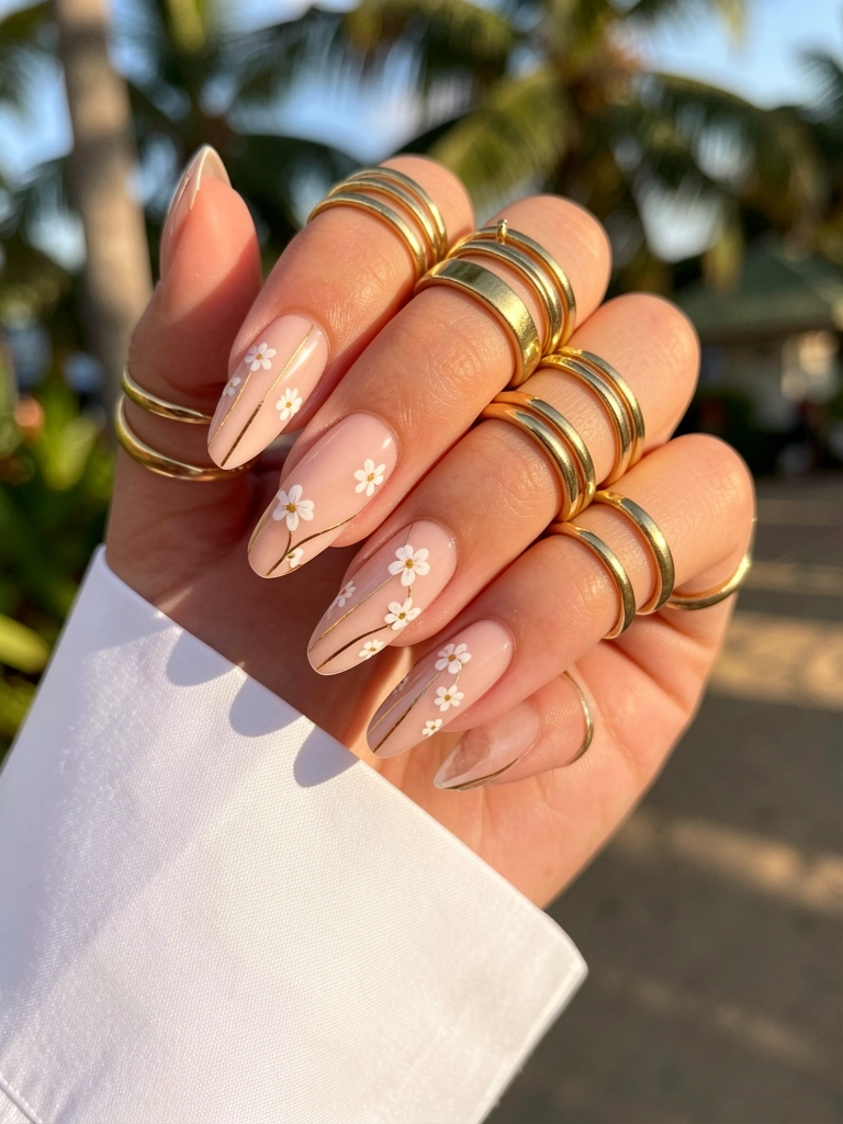 Mãos com unhas nude decoradas com florais brancos e detalhes dourados, anéis de ouro empilhados, punho de camisa branca ao fundo, luz natural suave.