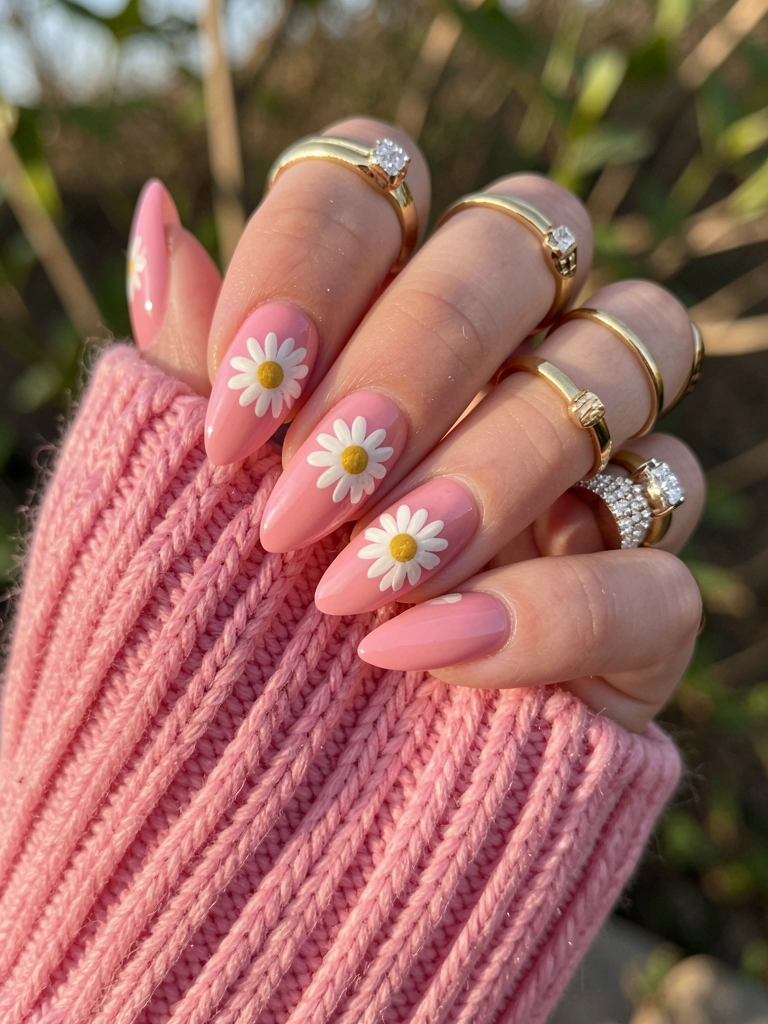 Mão com unhas rosas e detalhes de margaridas brancas, manga de suéter tricotado e anéis de ouro, luz natural suave e fundo verde desfocado.