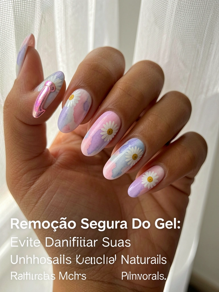 Mão feminina com unhas decoradas em tons pastel e margaridas brancas, anel iridescente, luz suave filtrada por cortina.