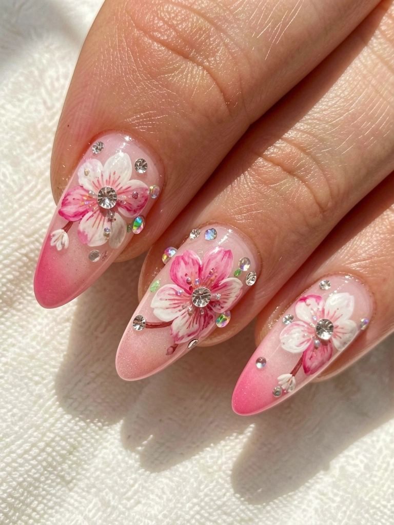 Close-up de unhas de gel em formato coffin com gradient pink, decoradas com flores de cerejeira, strass e contas iridescentes sobre fundo off-white.