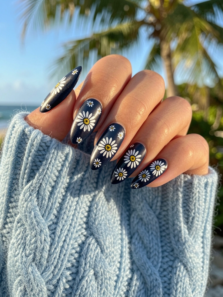 Mãos com unhas longas escuras decoradas com margaridas brancas e centros amarelos, sobre suéter azul claro tricotado, luz natural do dia.