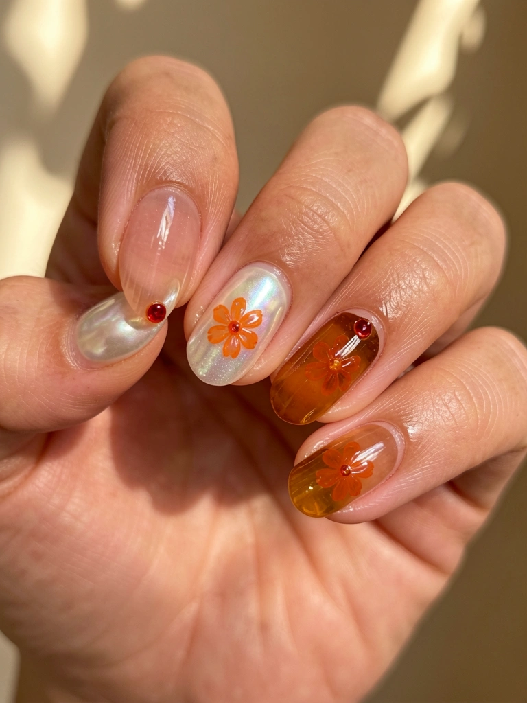 Mãos levemente bronzeadas com unhas de gel brilhante: uma com efeito perolado e flor laranja em resina, outra com gel âmbar e flor detalhada, fundo bege com luz solar suave.