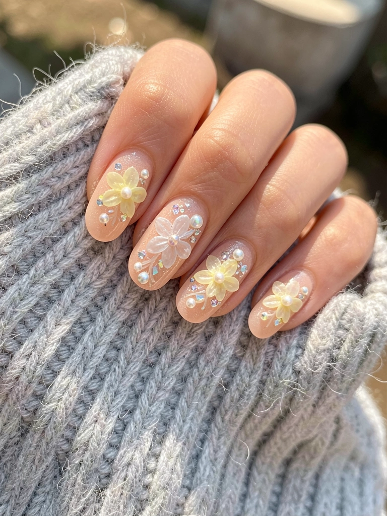 Mão com unhas decoradas com flor translúcida e cristais sobre suéter cinza claro texturizado, luz natural.