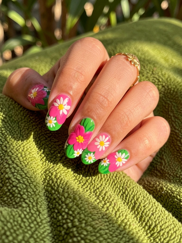 Mão feminina com unhas decoradas de acrílico rosa e verde, margaridas brancas e centros amarelos, anel de margarida dourado, sobre tecido verde musgo texturizado, luz natural quente.