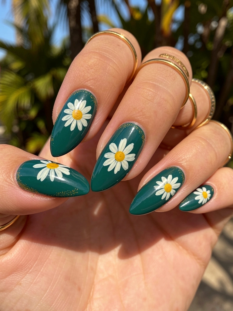 Unhas ovais com esmalte verde-azulado acetinado, margaridas brancas pintadas, anéis dourados e glitter nas bordas sob luz natural.