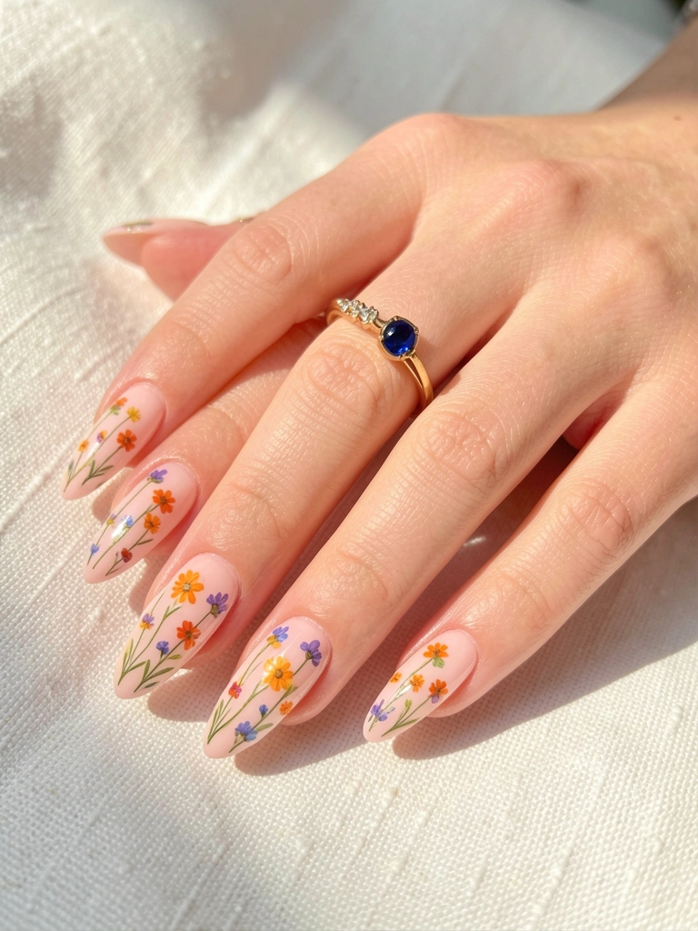 Mão com unhas ovais pintadas com miniaturas de flores silvestres laranja, roxa e azul, anel de ouro com safira azul sobre tecido branco texturizado, luz natural suave.