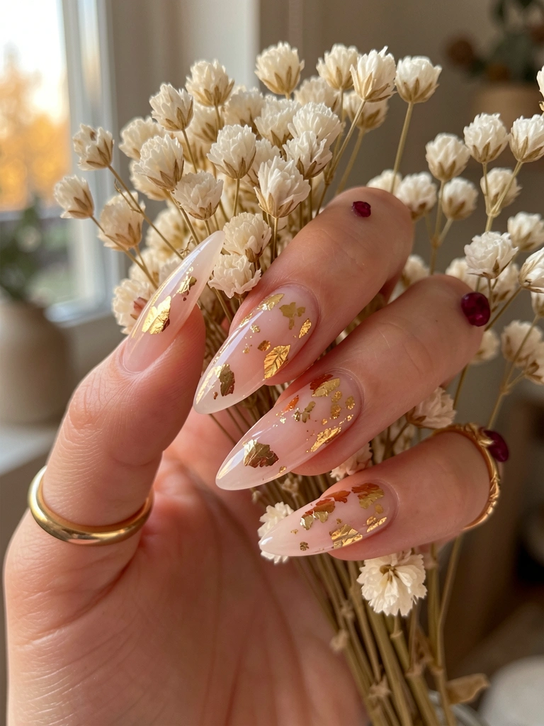 Close-up de mão com unhas blush e ouro segurando flores secas brancas e anel de rubi, luz natural suave e fundo desfocado.