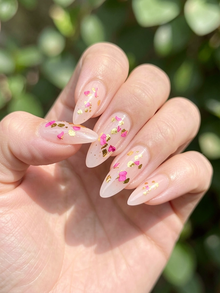 Mão feminina segurando unha longa com esmalte rosa claro, flocos dourados e pétalas de flor rosa, luz solar difusa e fundo verde desfocado.