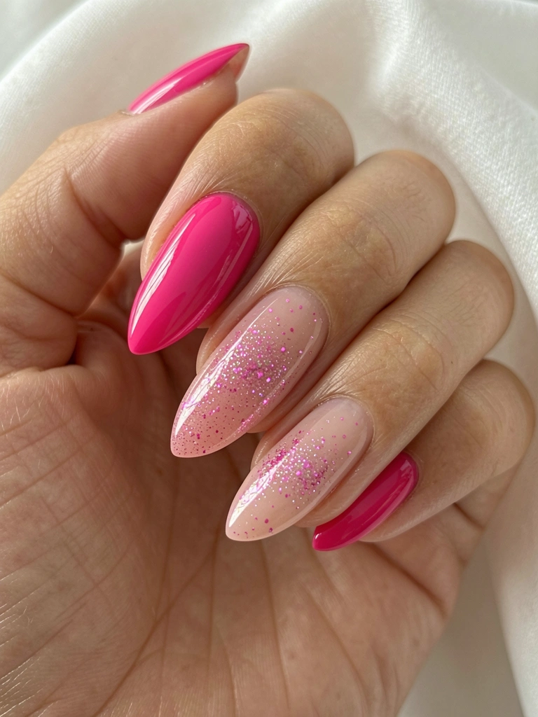 Mão com unha em formato amendoado, esmalte rosa choque brilhante com glitter iridescente e base nude, pele clara ao fundo tecido branco macio sob luz natural difusa.