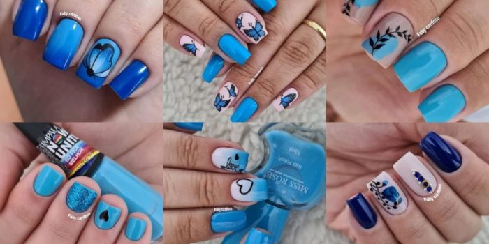 unha azul royal fosca com glitter