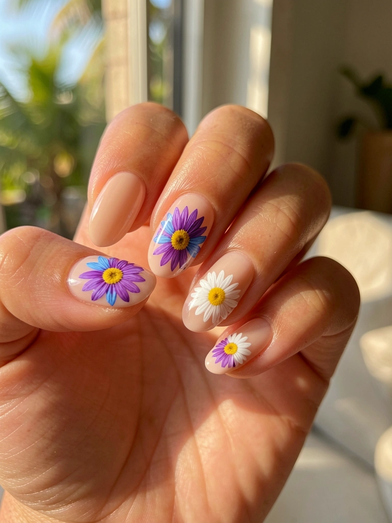 Mãos femininas com unhas nude e adesivos de margaridas brancas, roxas, azuis e amarelas, luz natural suave e fundo desfocado.