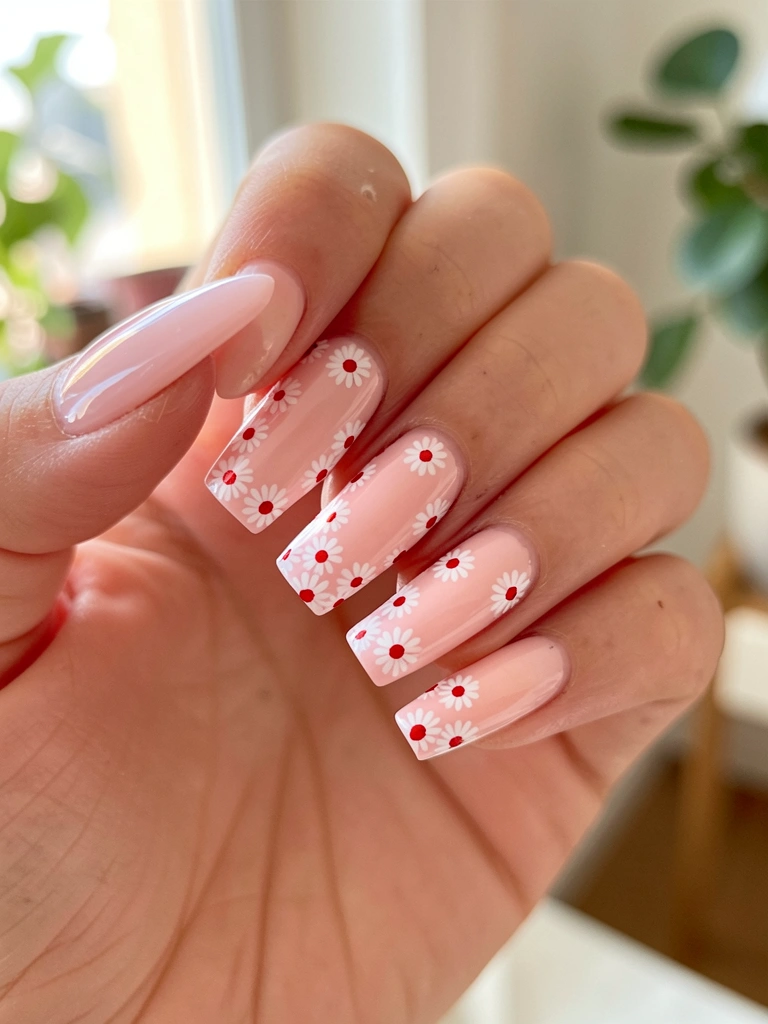 Mão com unhas compridas em formato amendoado quadrado, esmalte rosa claro com gradiente, margaridas brancas e centros vermelhos, luz natural suave.
