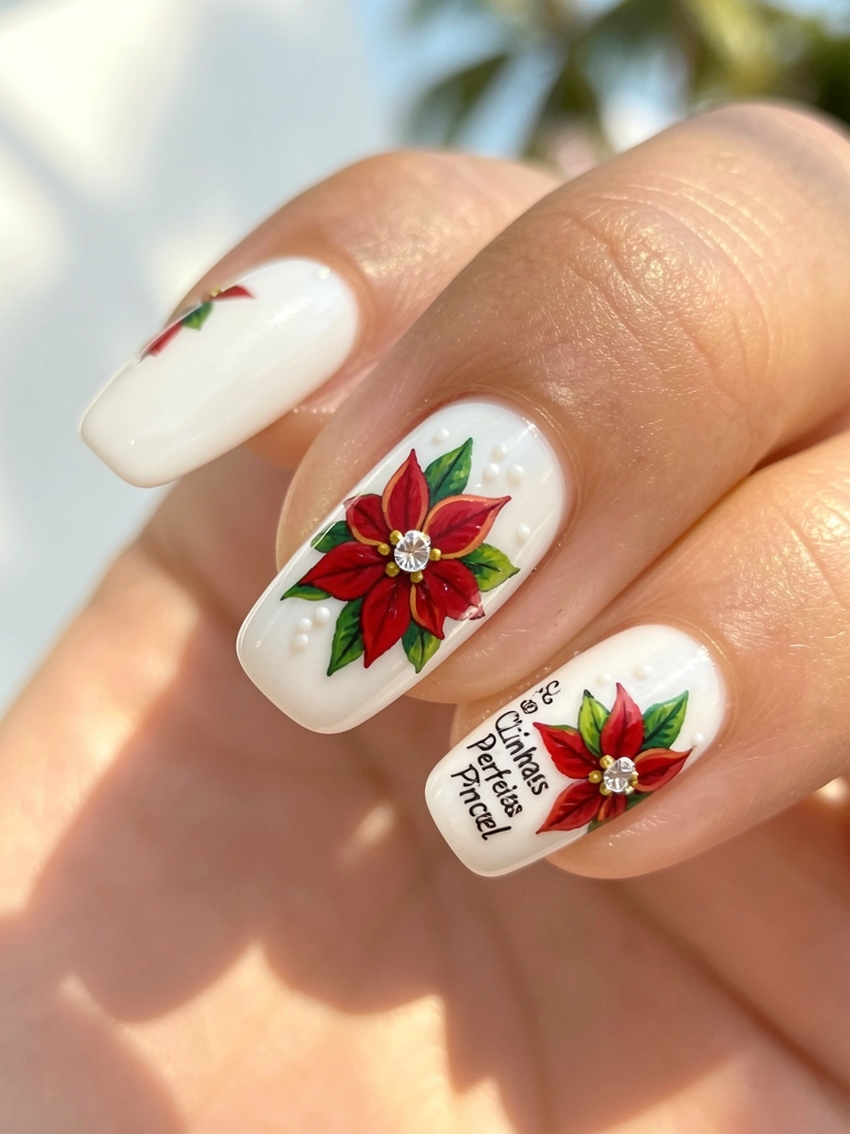 Unha branca com pintura de poinsétias vermelhas e verdes, pontos brancos e strass, luz natural suave.
